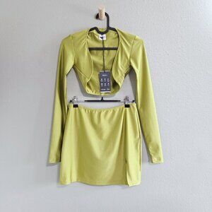 VDM 2 Piece Set - Metallic Knit Bolero Long Sleeve Top & Mini Skirt in Pistachio